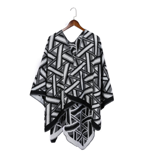 Damen Oversize-Ruana mit geometrischem Jacquard und Ziernaht Shop Nory