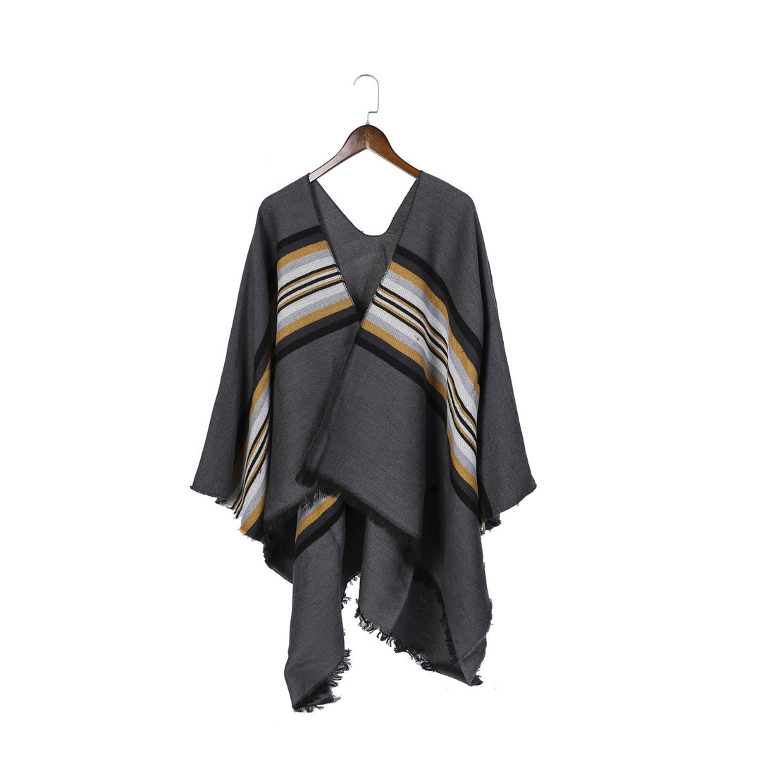 Damen Lässiger Ruana-Poncho aus Wollmix mit asymmetrischem Zipfel und feinem Streifenjacquard Shop Nory