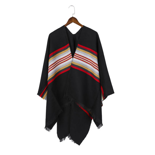 Damen Lässiger Ruana-Poncho aus Wollmix mit asymmetrischem Zipfel und feinem Streifenjacquard Shop Nory