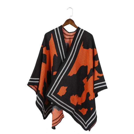 Damen Oversize-Feinstrick-Ruana mit abstraktem Jacquard und kontrastierter Kantenbordüre Shop Nory