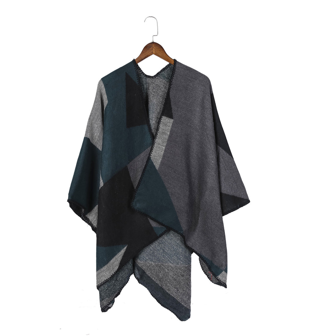 Damen Geometrischer Ruana-Überwurf aus Wollmix mit feiner Häkelkante Shop Nory