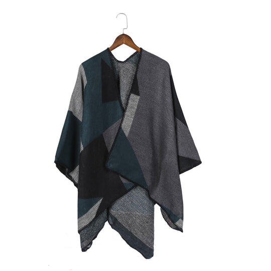 Damen Geometrischer Ruana-Überwurf aus Wollmix mit feiner Häkelkante Shop Nory