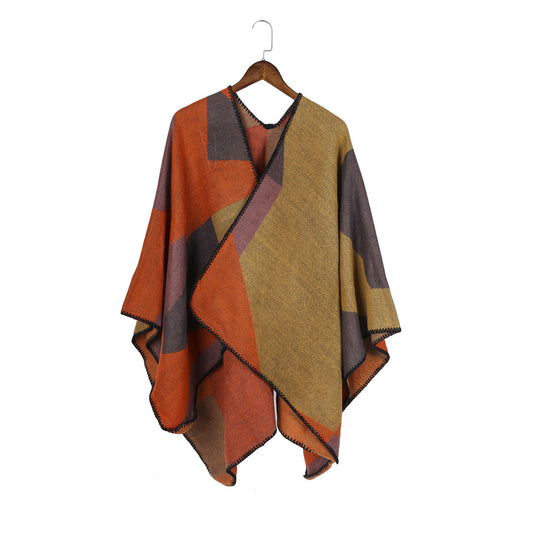 Damen Geometrischer Ruana-Überwurf aus Wollmix mit feiner Häkelkante Shop Nory