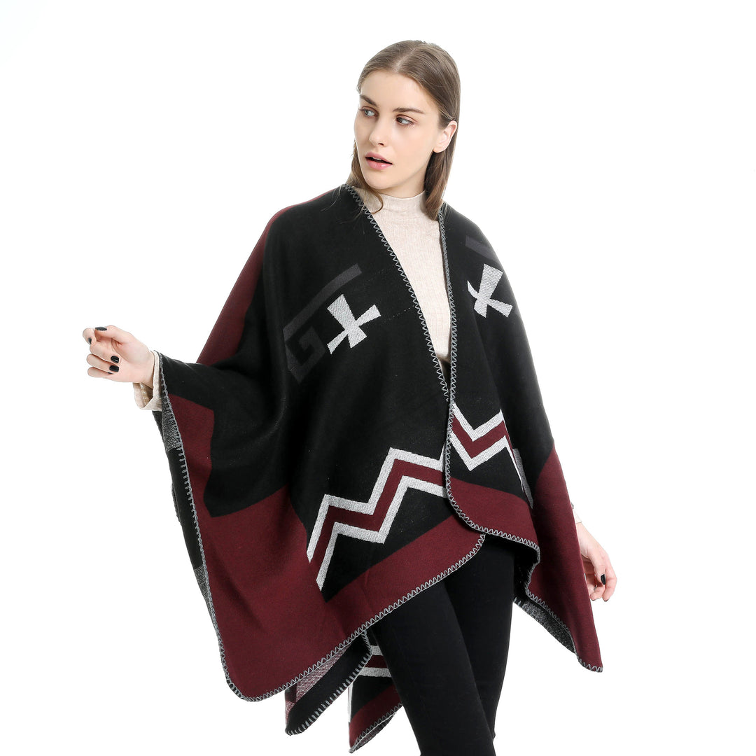 Damen Geometrischer Jacquard‑Ruana‑Überwurf mit V‑Ausschnitt und Zierstichkante Shop Nory