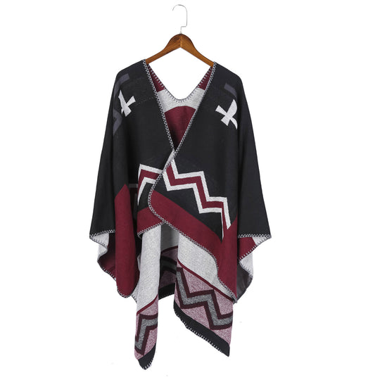 Damen Geometrischer Jacquard‑Ruana‑Überwurf mit V‑Ausschnitt und Zierstichkante Shop Nory