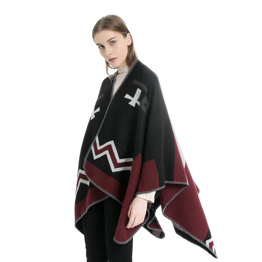 Damen Geometrischer Jacquard‑Ruana‑Überwurf mit V‑Ausschnitt und Zierstichkante Shop Nory