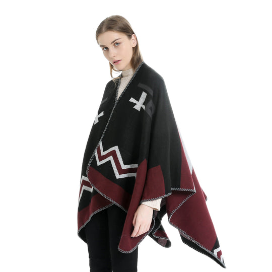Damen Geometrischer Jacquard‑Ruana‑Überwurf mit V‑Ausschnitt und Zierstichkante Shop Nory