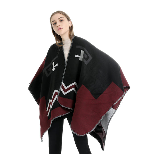 Damen Geometrischer Jacquard‑Ruana‑Überwurf mit V‑Ausschnitt und Zierstichkante Shop Nory