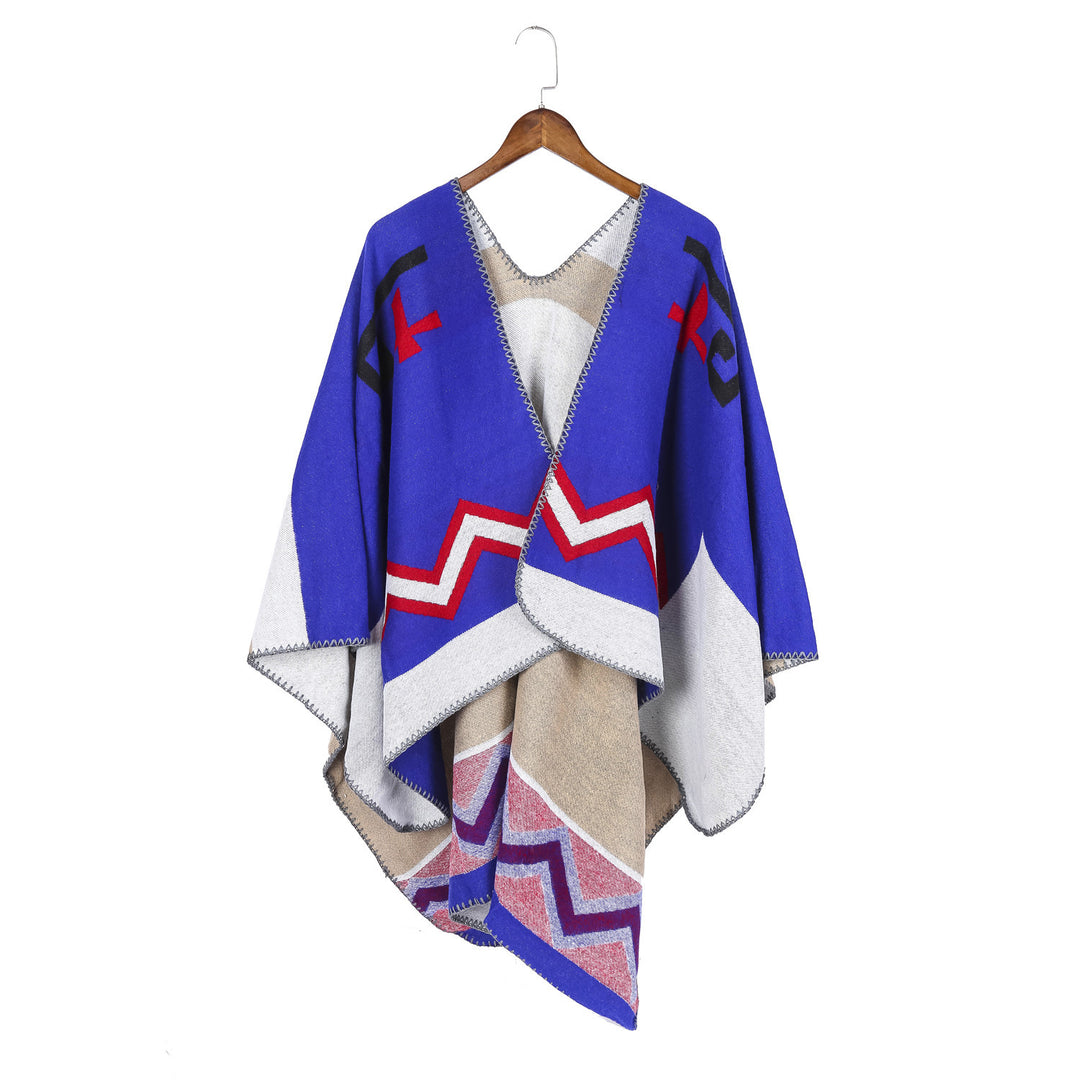 Damen Geometrischer Jacquard‑Ruana‑Überwurf mit V‑Ausschnitt und Zierstichkante Shop Nory