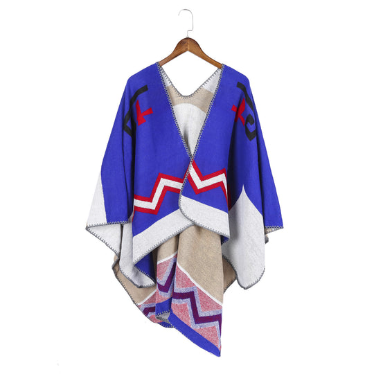 Damen Geometrischer Jacquard‑Ruana‑Überwurf mit V‑Ausschnitt und Zierstichkante Shop Nory