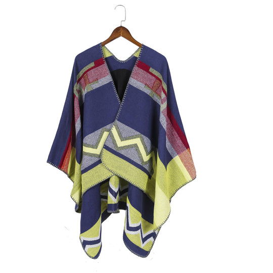 Damen Geometrischer Jacquard‑Ruana‑Überwurf mit V‑Ausschnitt und Zierstichkante Shop Nory