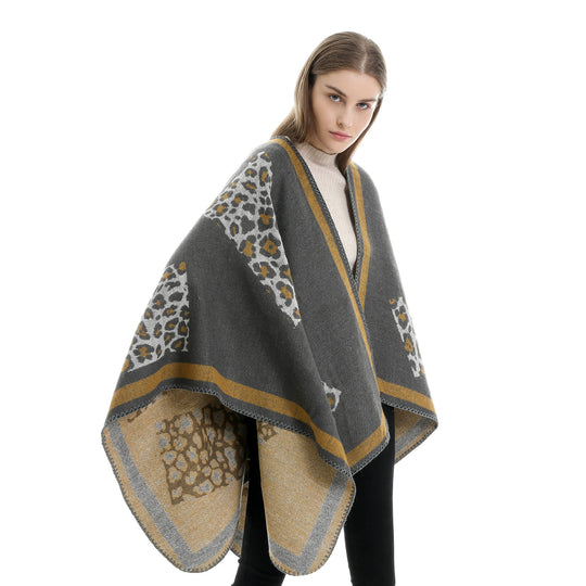 Damen Wolloptik-Kimono-Ruana mit Leopardenjacquard und kontrastierter Bordüre Shop Nory