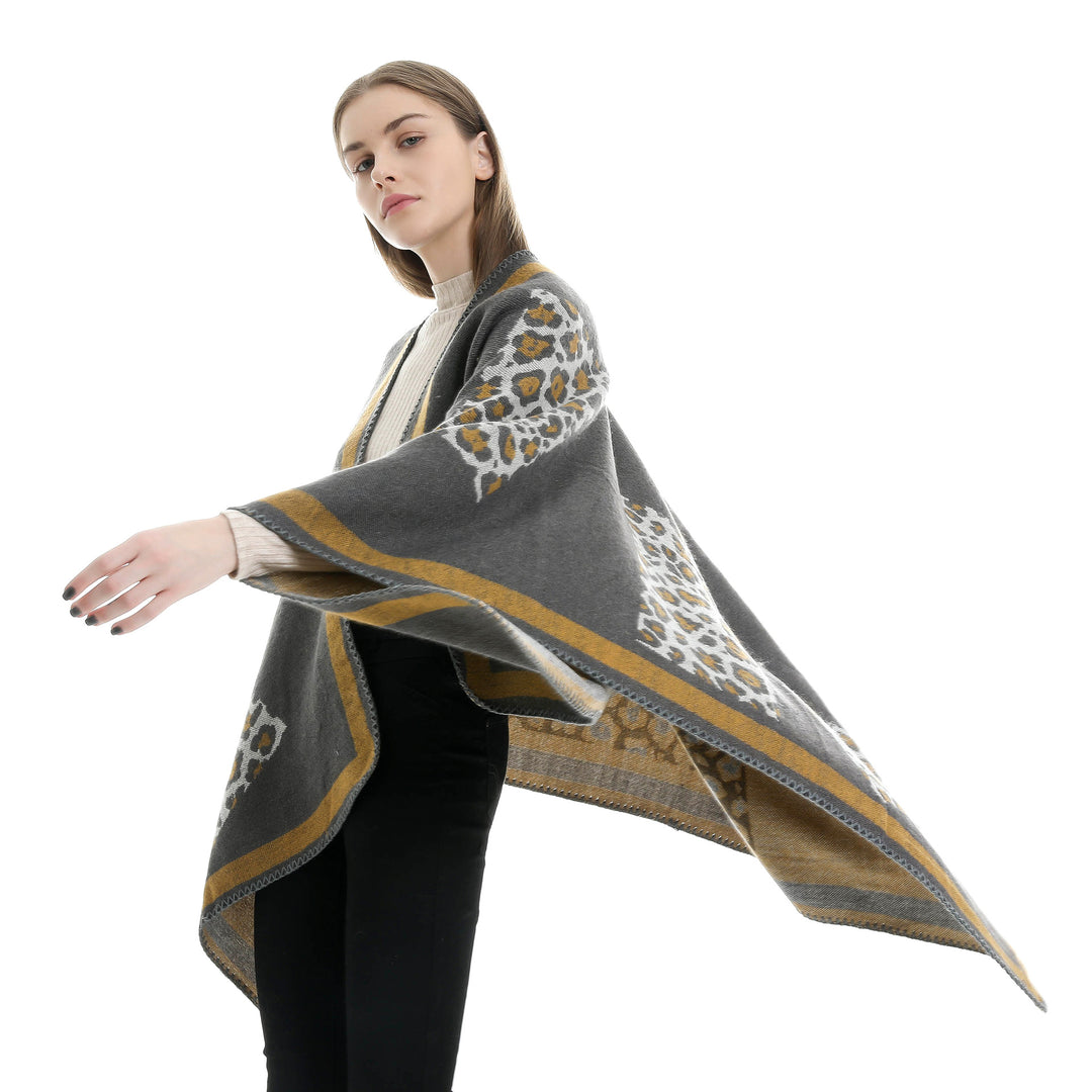 Damen Wolloptik-Kimono-Ruana mit Leopardenjacquard und kontrastierter Bordüre Shop Nory