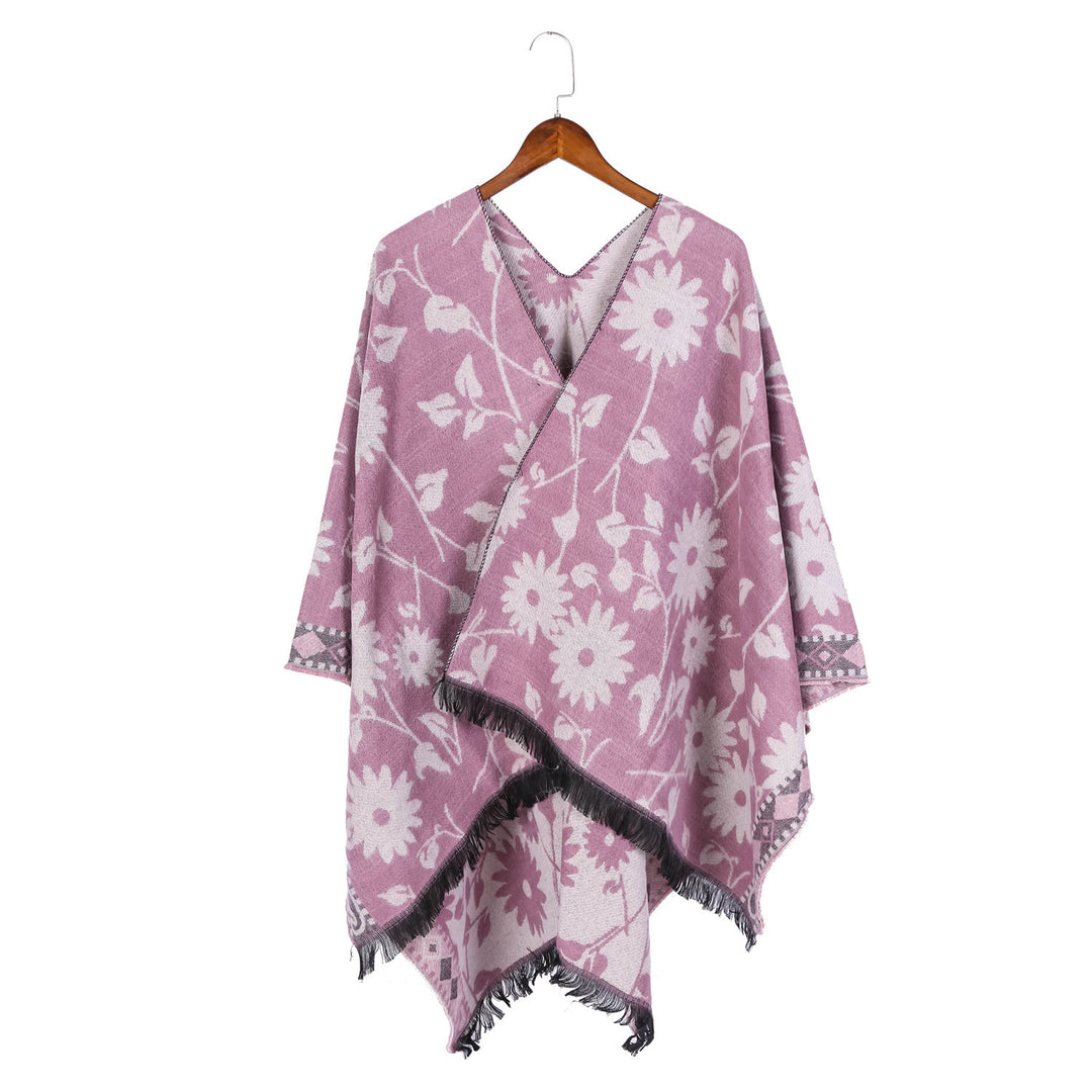 Damen Jacquard‑Ruana‑Poncho mit floralem Jacquard, Fransensaum und weichem Wollmix Shop Nory