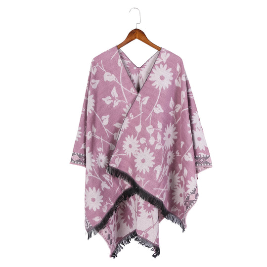 Damen Jacquard‑Ruana‑Poncho mit floralem Jacquard, Fransensaum und weichem Wollmix Shop Nory