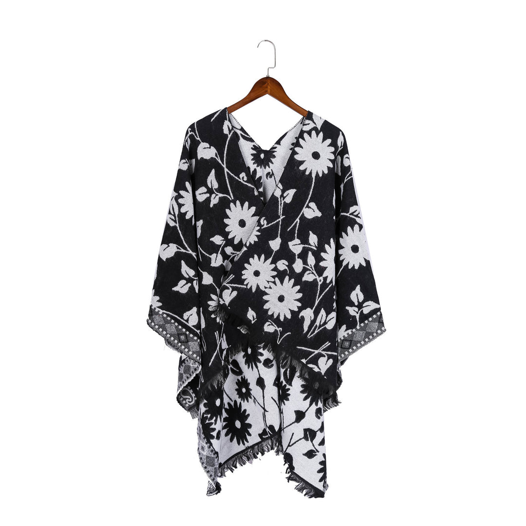 Damen Jacquard‑Ruana‑Poncho mit floralem Jacquard, Fransensaum und weichem Wollmix Shop Nory