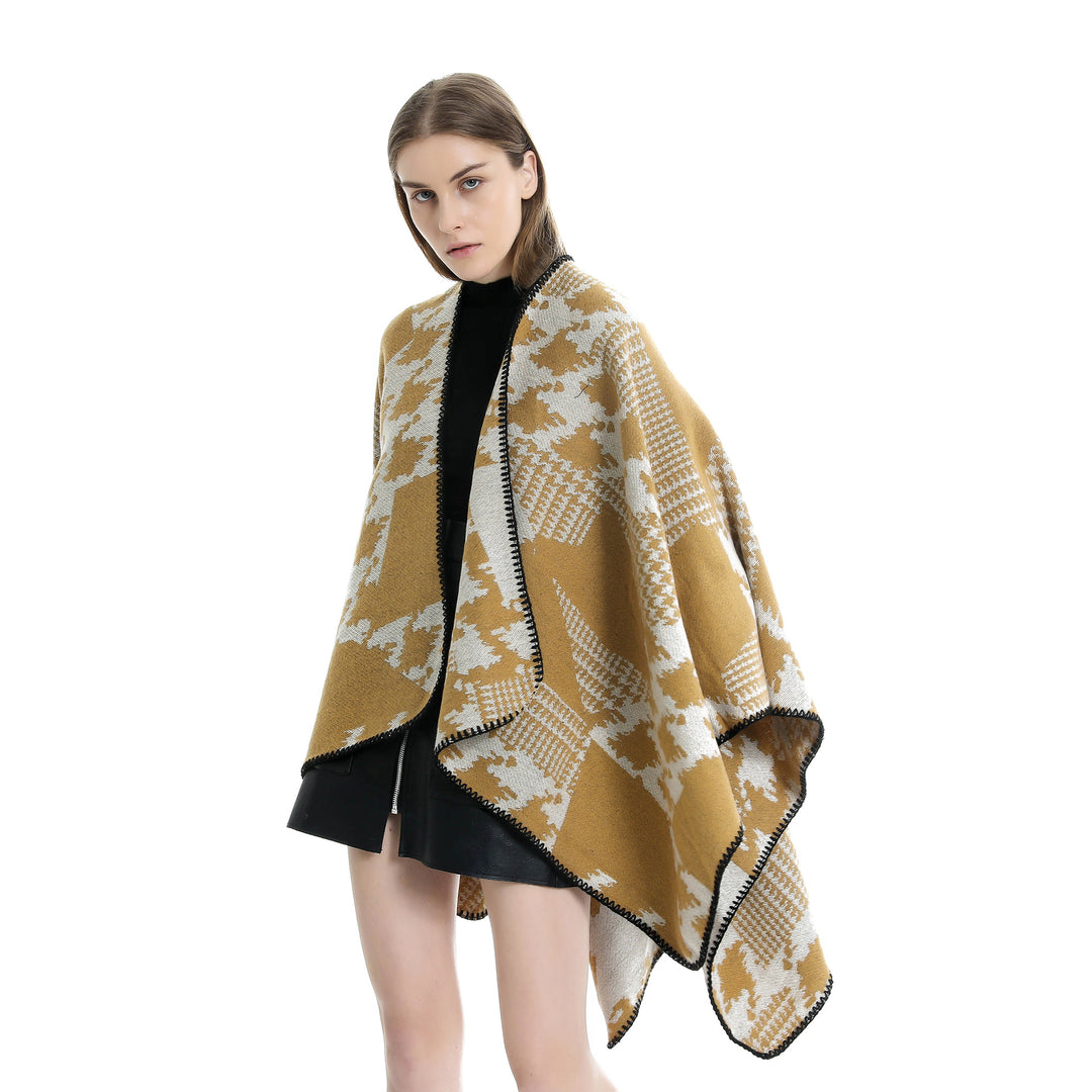 Damen Cape‑Poncho im Ruana‑Schnitt mit dekorativer Kettelkante und zweifarbiger Jacquardstruktur Shop Nory