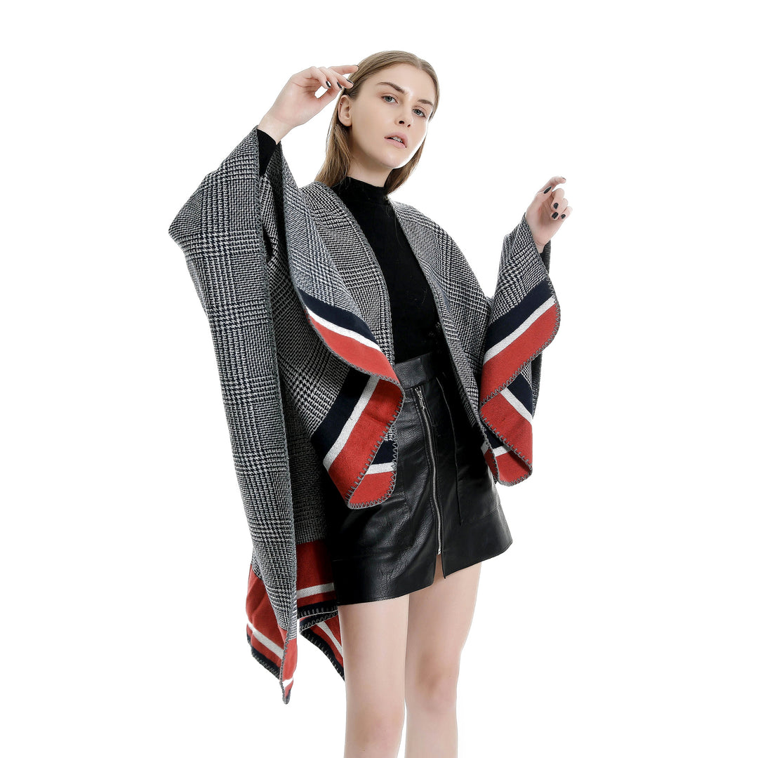 Damen Oversize-Ruana aus Wollmix mit Karojacquard und farbigem Streifenrand Shop Nory