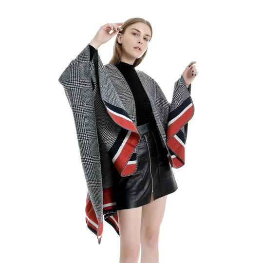 Damen Oversize-Ruana aus Wollmix mit Karojacquard und farbigem Streifenrand Shop Nory