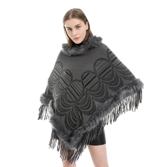 Damen Fransen‑Poncho mit Kunstfellbesatz und Jacquard‑Ruana Shop Nory