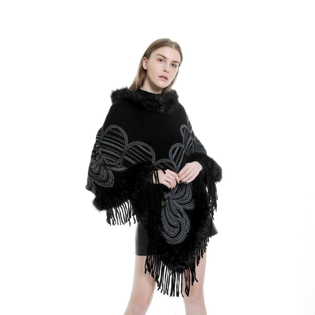 Damen Fransen‑Poncho mit Kunstfellbesatz und Jacquard‑Ruana Shop Nory