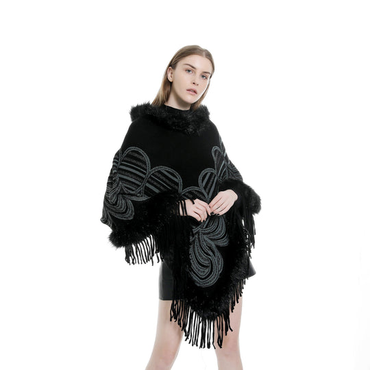 Damen Fransen‑Poncho mit Kunstfellbesatz und Jacquard‑Ruana Shop Nory
