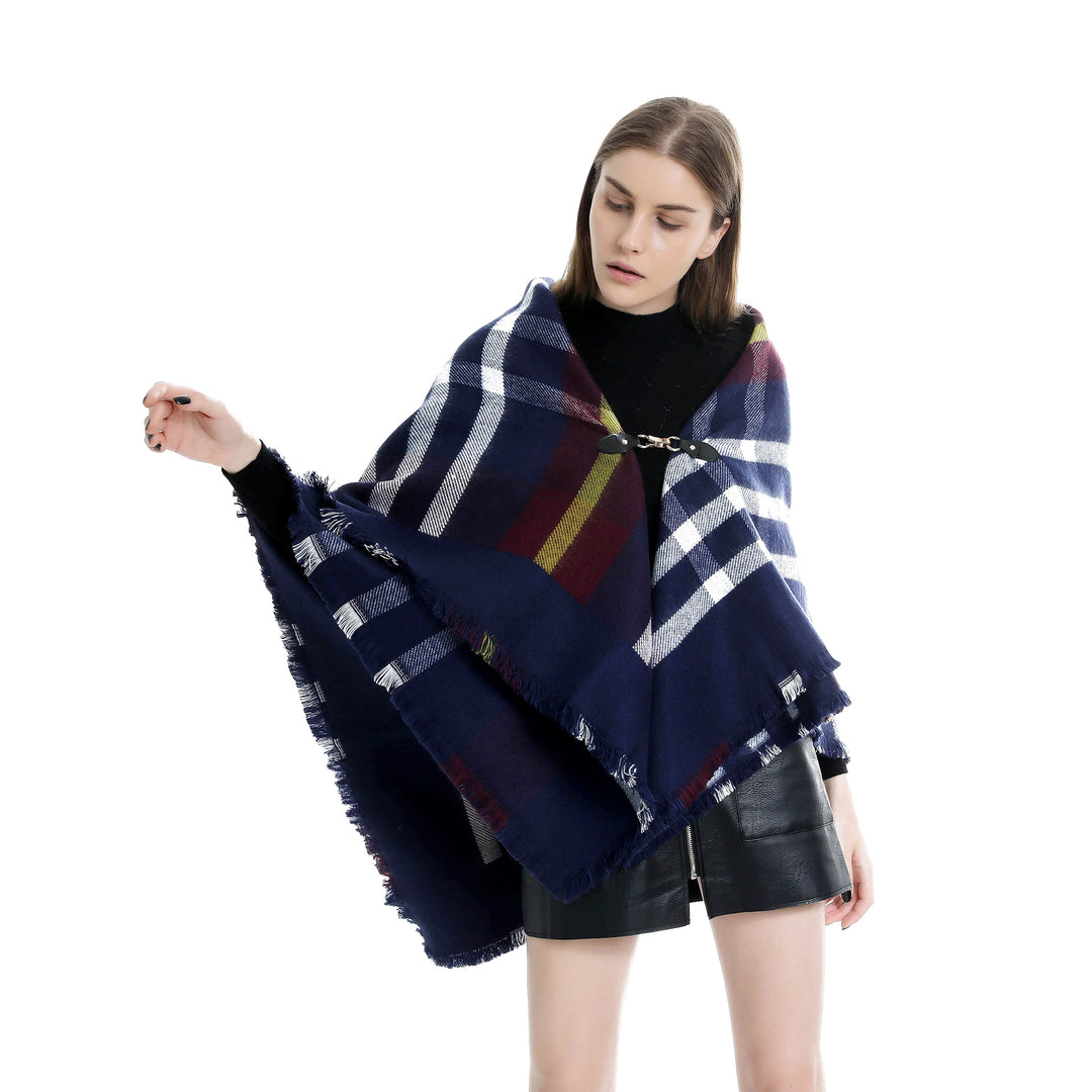 Damen Karierter Wollmix-Capeponcho mit Fransen und Lederverschluss Shop Nory