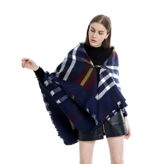 Damen Karierter Wollmix-Capeponcho mit Fransen und Lederverschluss Shop Nory