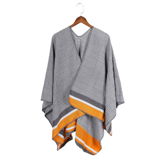 Damen Oversize-Ruana aus Wollmix mit Karojacquard und farbigem Streifenrand Shop Nory