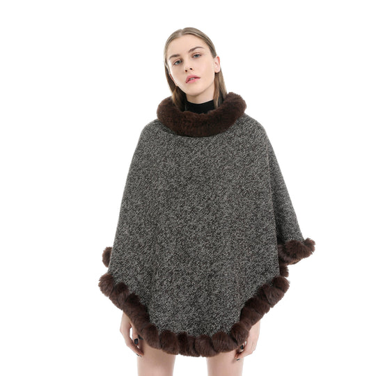 Damen Fein gestrickter Ruana-Poncho mit Kunstfellbesatz und asymmetrischem Saum Shop Nory