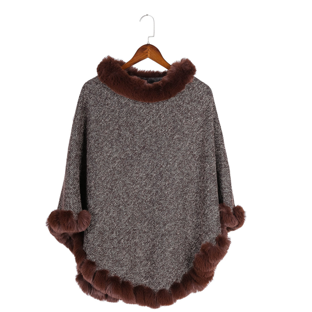 Damen Fein gestrickter Ruana-Poncho mit Kunstfellbesatz und asymmetrischem Saum Shop Nory