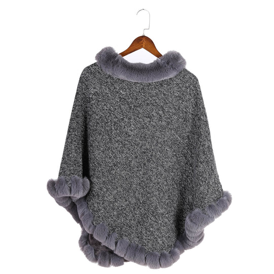 Damen Fein gestrickter Ruana-Poncho mit Kunstfellbesatz und asymmetrischem Saum Shop Nory