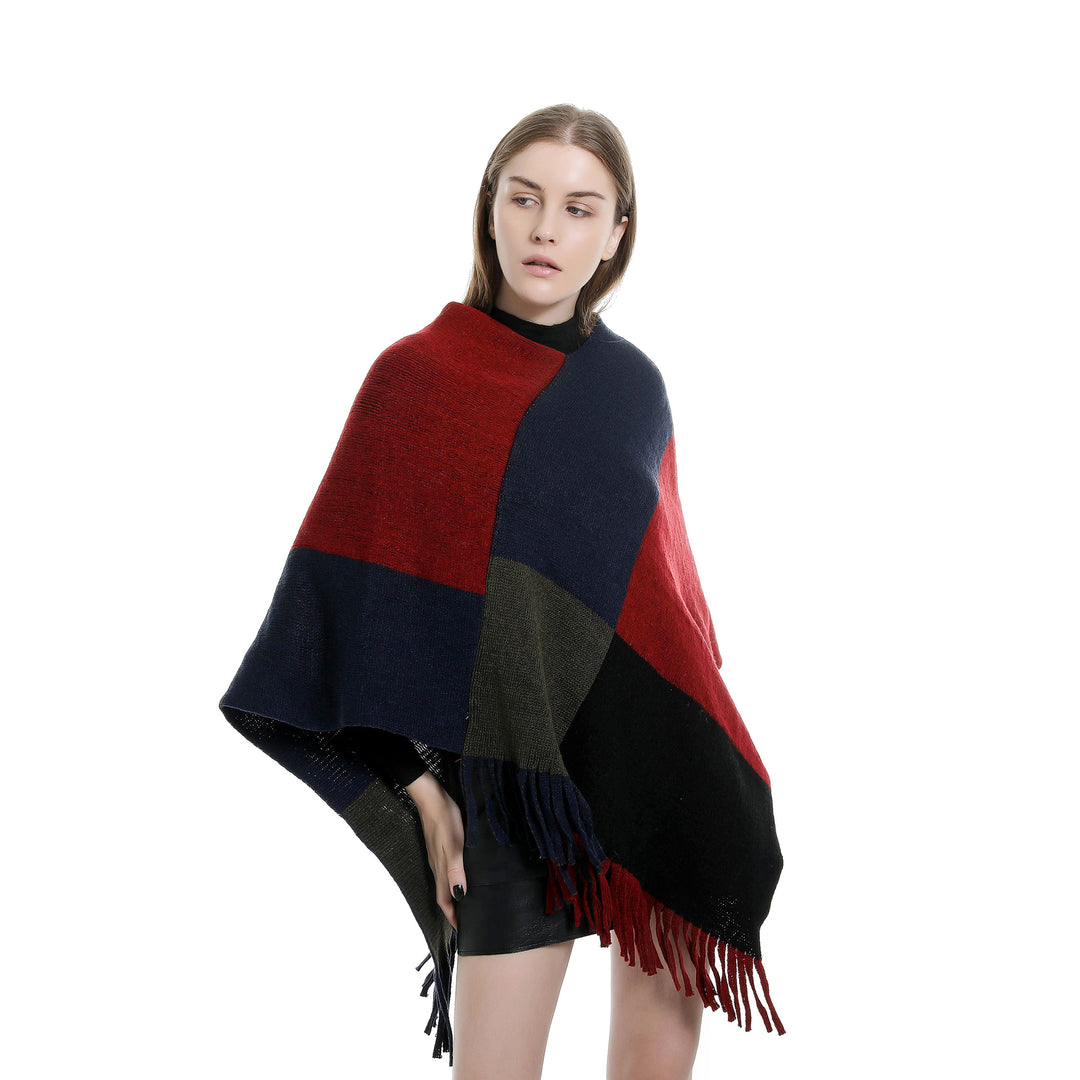Damen Oversize-Ruana-Poncho mit farbigen Blockelementen und Fransensaum Shop Nory