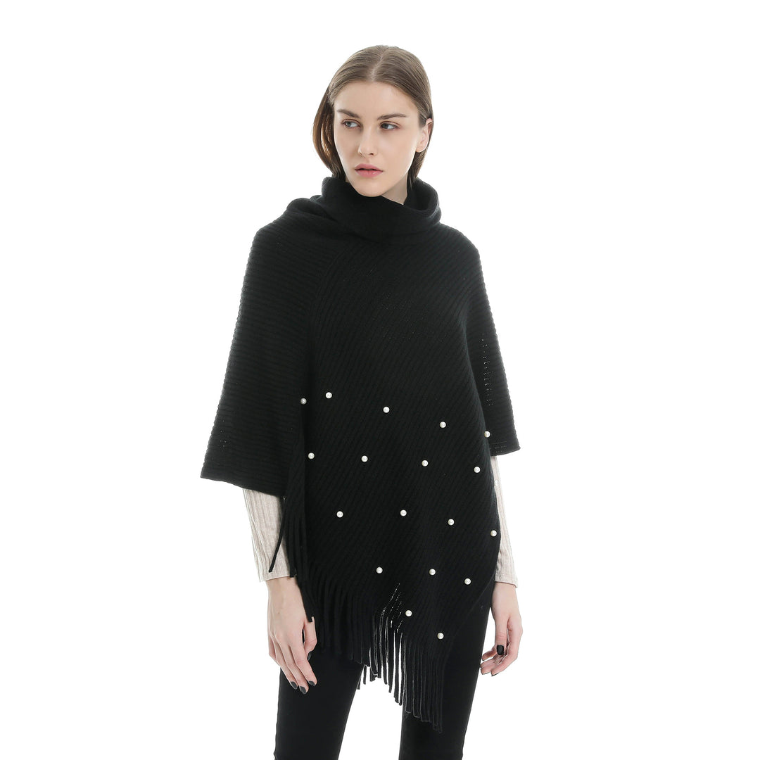 Damen Feinstrick-Poncho mit Rollkragen, Perlenapplikation und Fransensaum Shop Nory