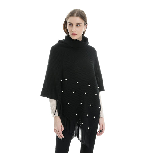 Damen Feinstrick-Poncho mit Rollkragen, Perlenapplikation und Fransensaum Shop Nory