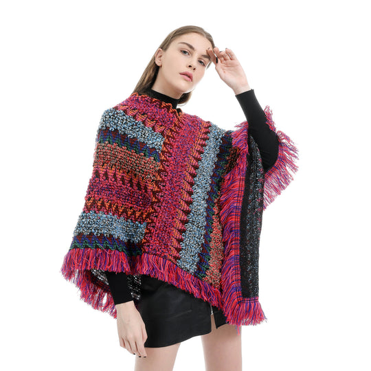 Damen Mehrfarbiger Grobstrick-Poncho mit Zickzack-Jacquard und Fransen Shop Nory