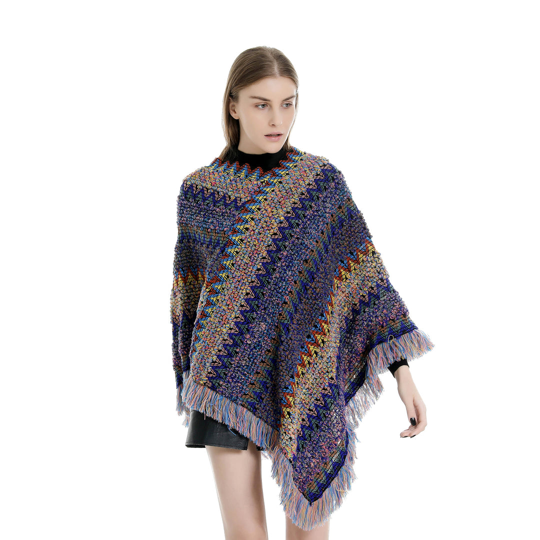 Damen Mehrfarbiger Grobstrick-Poncho mit Zickzack-Jacquard und Fransen Shop Nory