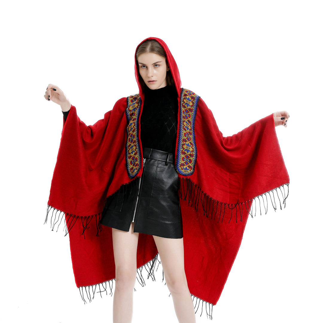 Damen Kapuzen‑Ruana mit bestickter Bordüre und Fransensaum Shop Nory