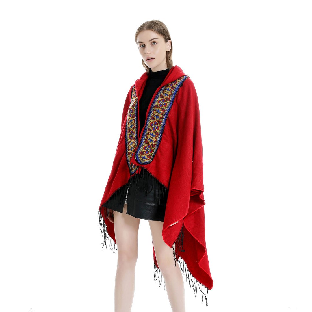 Damen Kapuzen‑Ruana mit bestickter Bordüre und Fransensaum Shop Nory