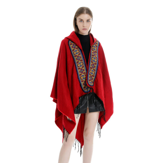 Damen Kapuzen‑Ruana mit bestickter Bordüre und Fransensaum Shop Nory