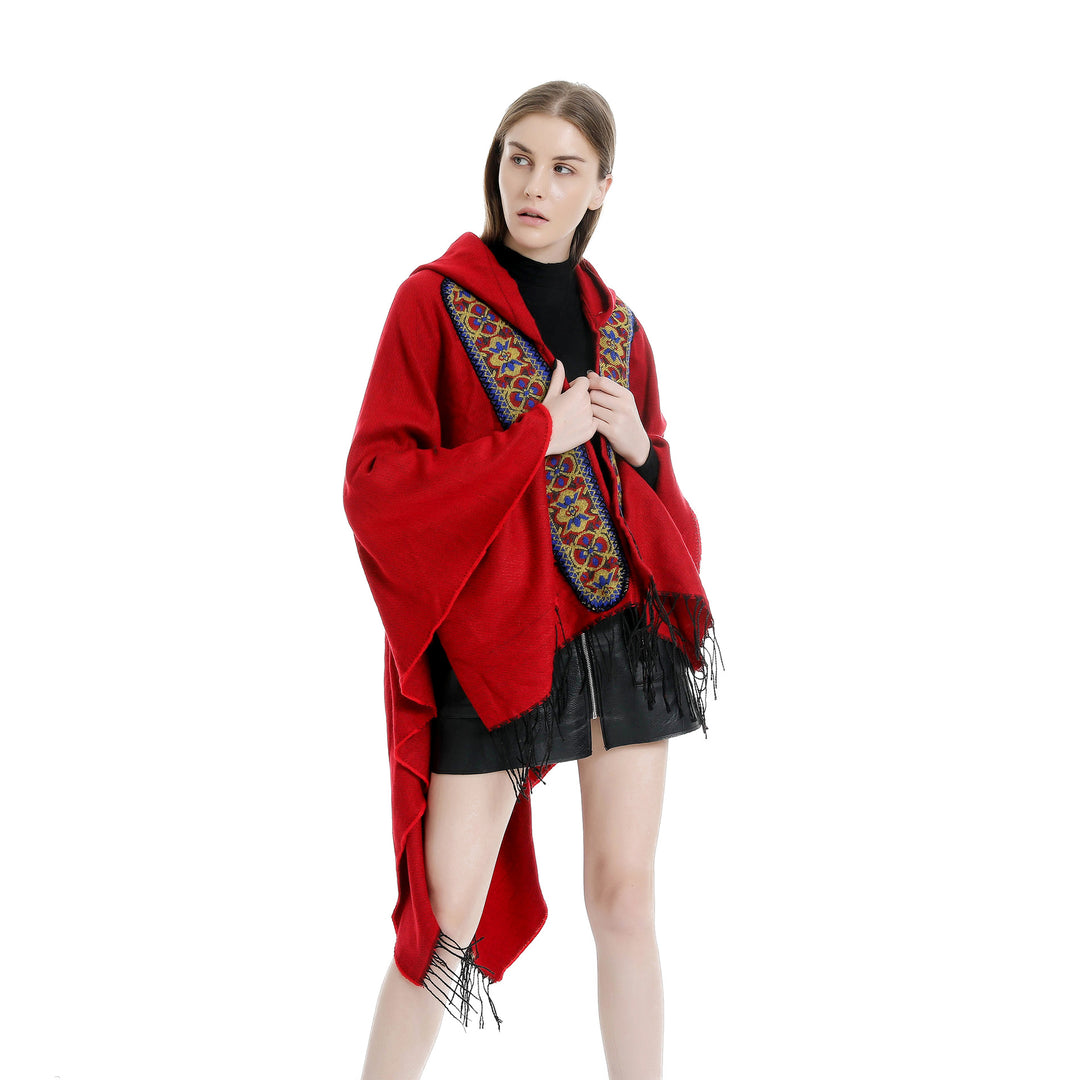 Damen Kapuzen‑Ruana mit bestickter Bordüre und Fransensaum Shop Nory