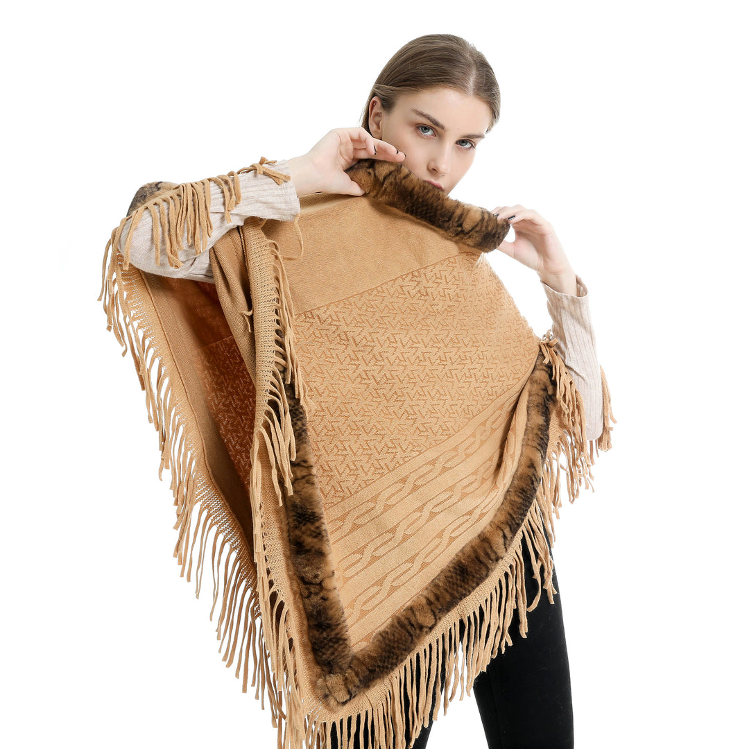 Damen Eleganter Wollmix‑Poncho mit Kunstfellbesatz und Fransensaum Shop Nory