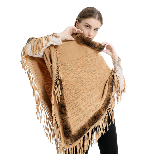 Damen Eleganter Wollmix‑Poncho mit Kunstfellbesatz und Fransensaum Shop Nory
