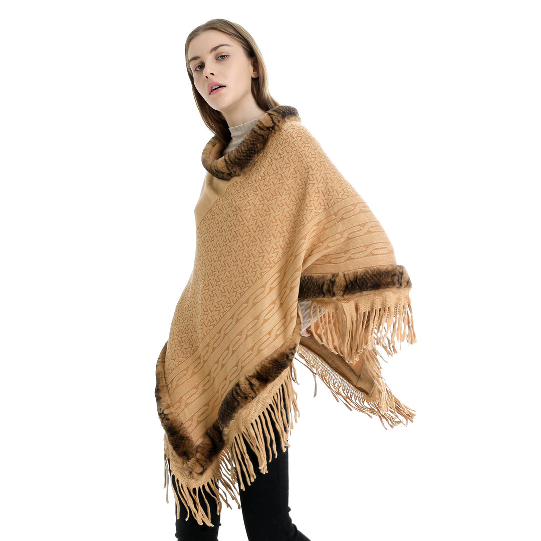 Damen Eleganter Wollmix‑Poncho mit Kunstfellbesatz und Fransensaum Shop Nory