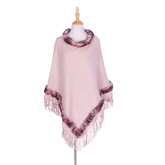 Damen Eleganter Wollmix‑Poncho mit Kunstfellbesatz und Fransensaum Shop Nory