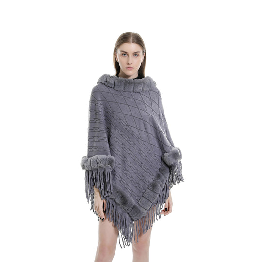 Damen Wolloptik-Ruana mit Kunstfellkragen, Fransensaum und Oversize-Fall Shop Nory
