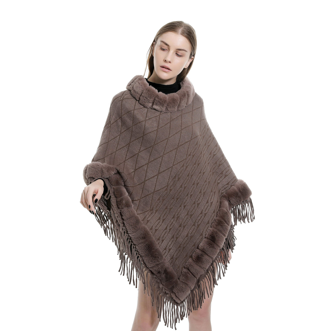 Damen Wolloptik-Ruana mit Kunstfellkragen, Fransensaum und Oversize-Fall Shop Nory