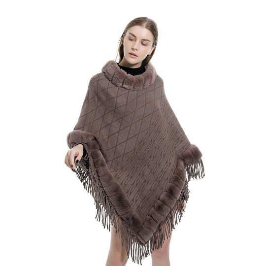 Damen Wolloptik-Ruana mit Kunstfellkragen, Fransensaum und Oversize-Fall Shop Nory