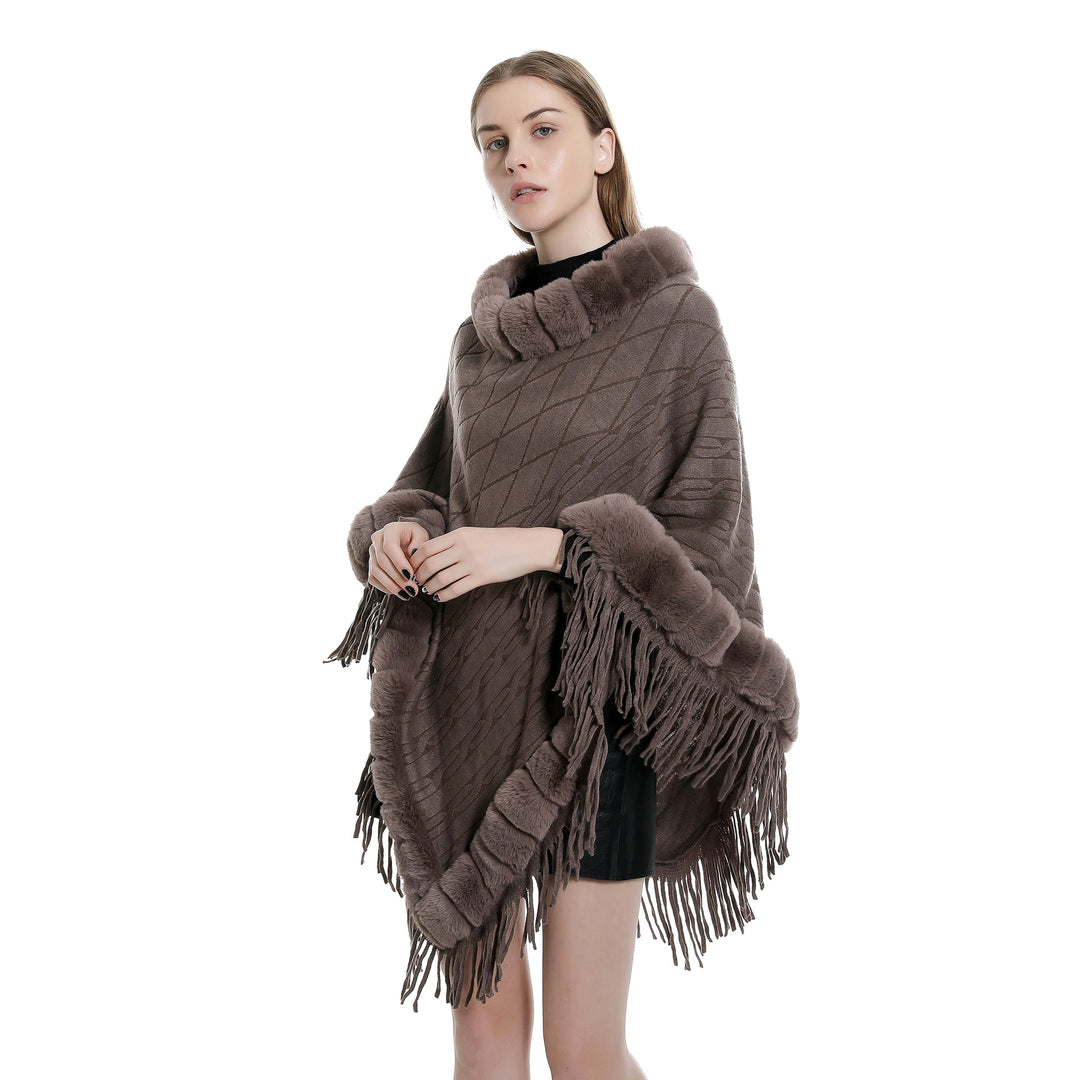 Damen Wolloptik-Ruana mit Kunstfellkragen, Fransensaum und Oversize-Fall Shop Nory