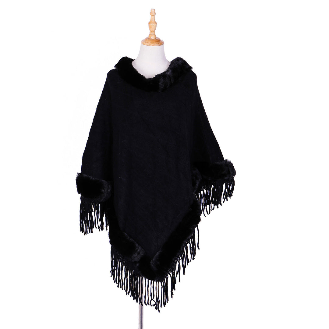 Damen Wolloptik-Ruana mit Kunstfellkragen, Fransensaum und Oversize-Fall Shop Nory